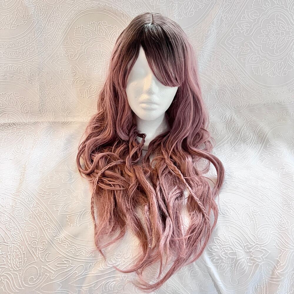 Long Wavy Rose Pink Dark Roots Ombre Balayage Everyday Cosplay Wig - Braided
